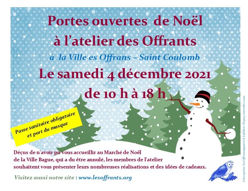 En raison de l'annulation du Marché de Noël en raiosn de conditions météo exceptionnelles, les organisateurs de la Ville Bague ont été contraints d'annuler la manifestation à notre grand regret. Aussi, une porte ouverte de Noël a été organisée. vous n'avez pu venir, contactez nous (voir rubrique contact). Bon Noël à toutes et tous..